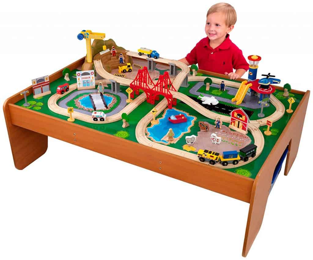 wooden table and train set