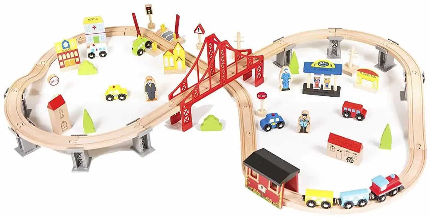 wooden train set with bridge